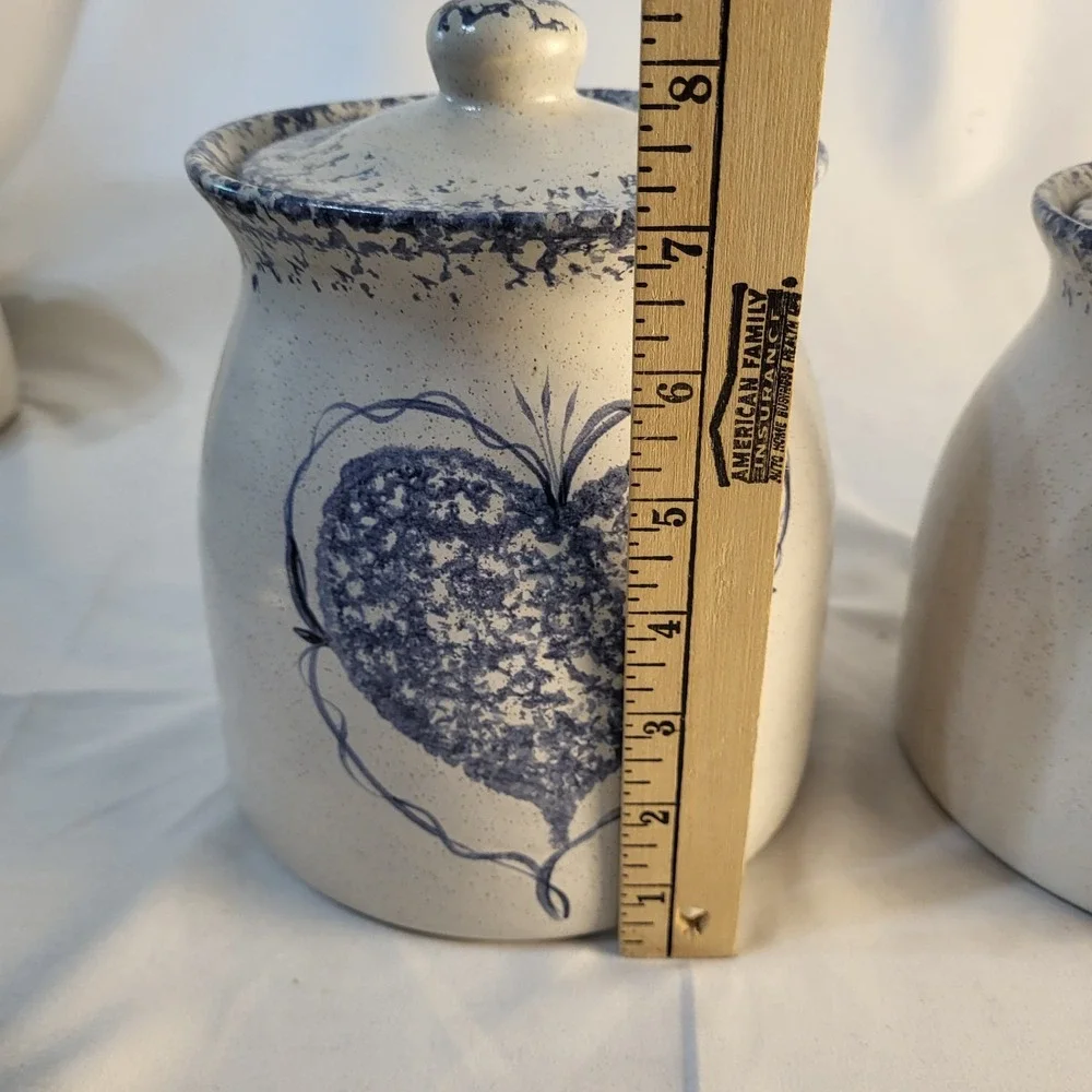 Set of 3 Country Blue Hearts Sponge Stoneware Canister Set Cottagecore